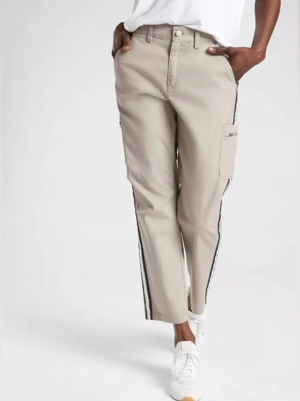 Athleta Summit Cargo Utility Khaki Tan Pants with Side Stripes Size 6
